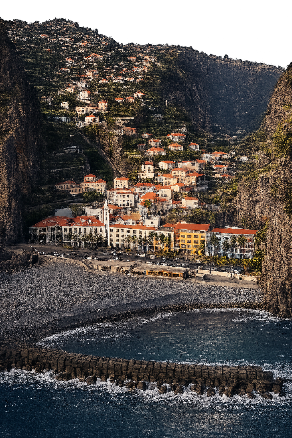 Aerial view of a coastal village in Madeira